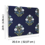 Sophie Navy Floral Medallion Peel & Stick Wallpaper with Farmhouse Botanical Motif - York PSW1576RL