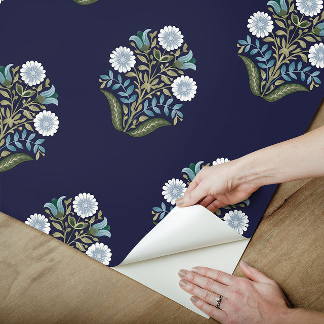 Sophie Navy Floral Medallion Peel & Stick Wallpaper with Farmhouse Botanical Motif - York PSW1576RL