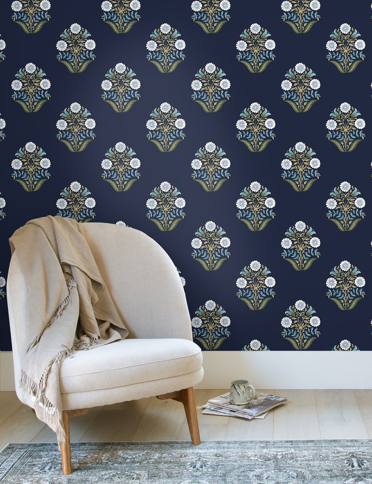 Sophie Navy Floral Medallion Peel & Stick Wallpaper with Farmhouse Botanical Motif - York PSW1576RL