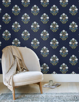 Sophie Navy Floral Medallion Peel & Stick Wallpaper with Farmhouse Botanical Motif - York PSW1576RL