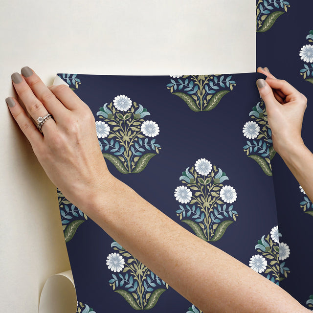 Sophie Navy Floral Medallion Peel & Stick Wallpaper with Farmhouse Botanical Motif - York PSW1576RL