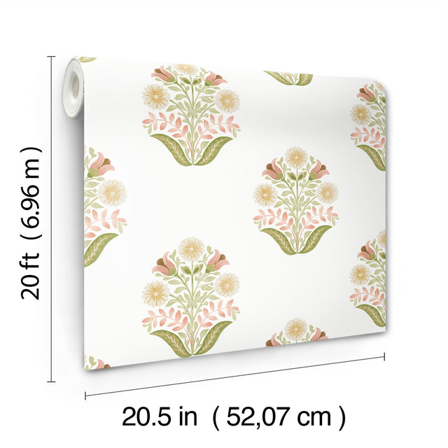 Sophie Pink Floral Medallion Peel & Stick Wallpaper with Farmhouse Floral Motif - York PSW1577RL