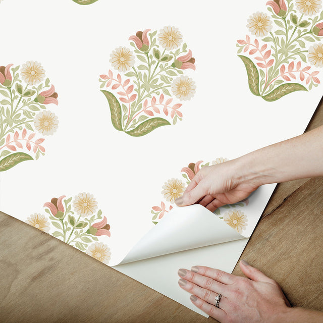 Sophie Pink Floral Medallion Peel & Stick Wallpaper with Farmhouse Floral Motif - York PSW1577RL