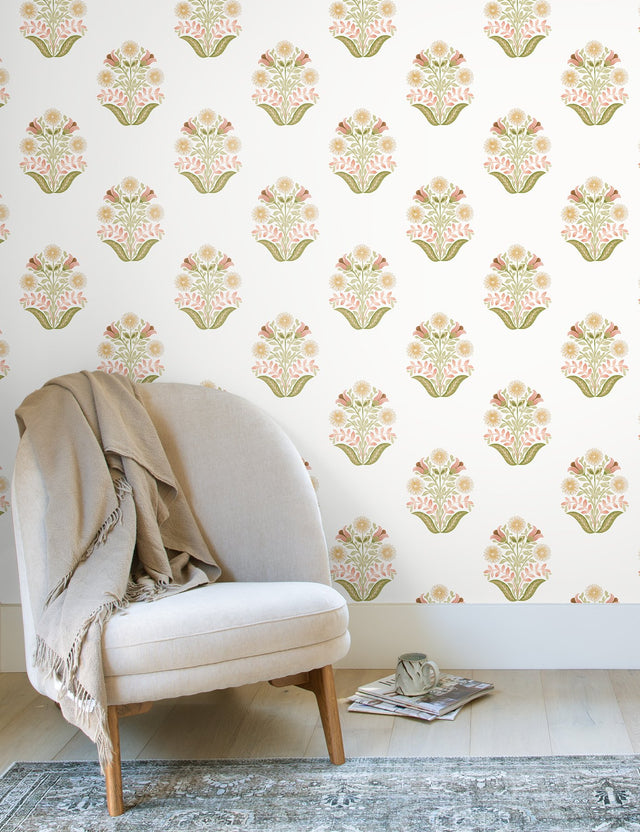 Sophie Pink Floral Medallion Peel & Stick Wallpaper with Farmhouse Floral Motif - York PSW1577RL