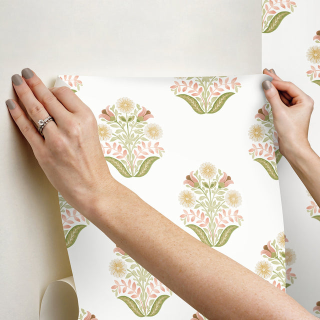 Sophie Pink Floral Medallion Peel & Stick Wallpaper with Farmhouse Floral Motif - York PSW1577RL