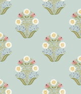 Sophie Aqua Floral Medallion Peel & Stick Wallpaper with Farmhouse Floral Medallion Pattern - York PSW1578RL