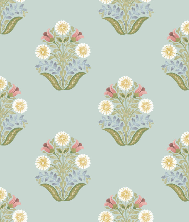 Sophie Aqua Floral Medallion Peel & Stick Wallpaper with Farmhouse Floral Medallion Pattern - York PSW1578RL