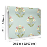 Sophie Aqua Floral Medallion Peel & Stick Wallpaper with Farmhouse Floral Medallion Pattern - York PSW1578RL