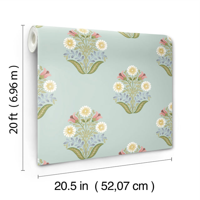 Sophie Aqua Floral Medallion Peel & Stick Wallpaper with Farmhouse Floral Medallion Pattern - York PSW1578RL
