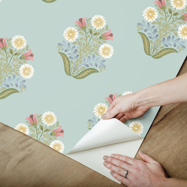 Sophie Aqua Floral Medallion Peel & Stick Wallpaper with Farmhouse Floral Medallion Pattern - York PSW1578RL