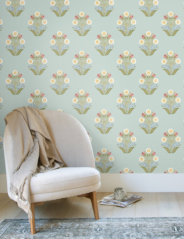 Sophie Aqua Floral Medallion Peel & Stick Wallpaper with Farmhouse Floral Medallion Pattern - York PSW1578RL