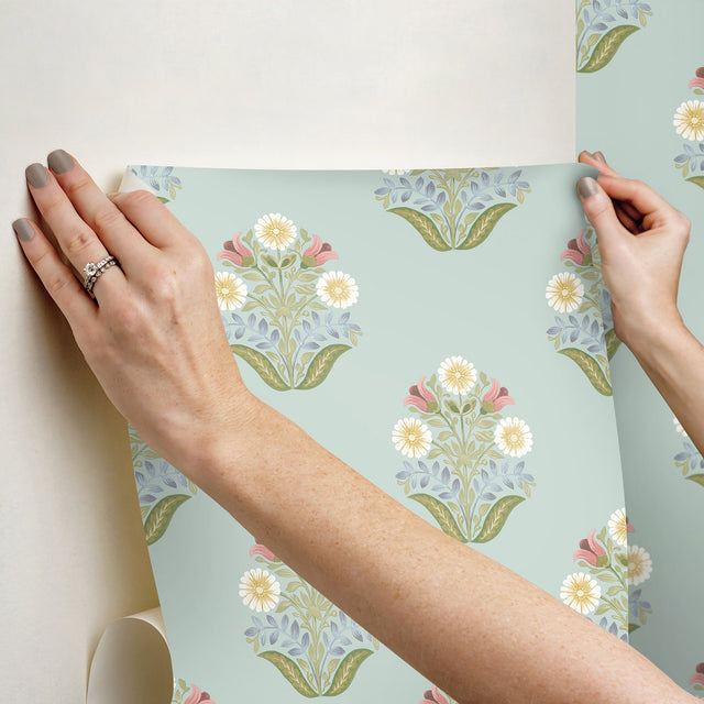 Sophie Aqua Floral Medallion Peel & Stick Wallpaper with Farmhouse Floral Medallion Pattern - York PSW1578RL