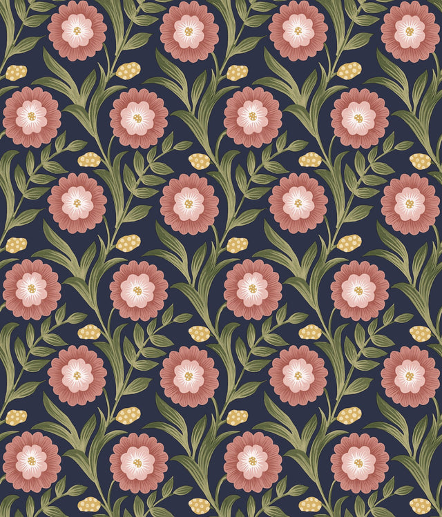 Lillian Blue Floral Vine Peel & Stick Wallpaper with Farmhouse Floral Pattern - York PSW1580RL