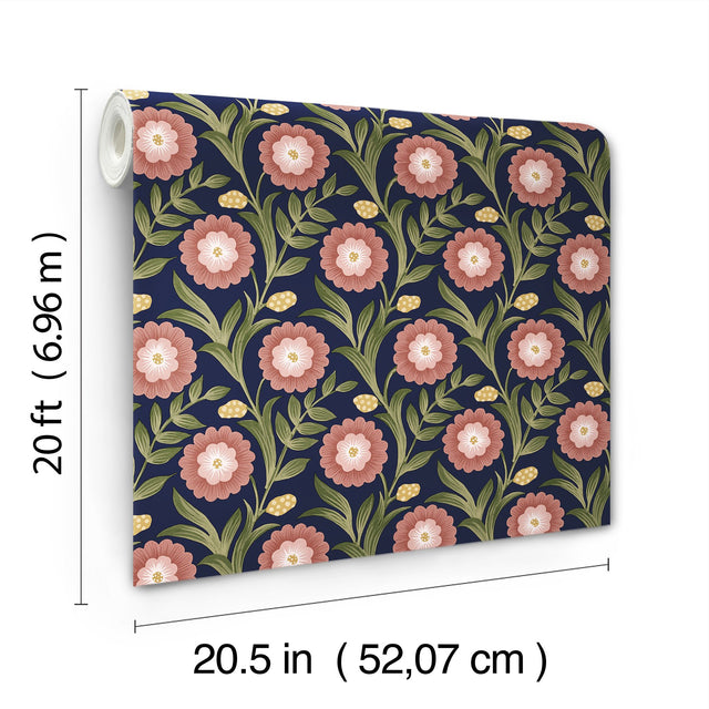 Lillian Blue Floral Vine Peel & Stick Wallpaper with Farmhouse Floral Pattern - York PSW1580RL