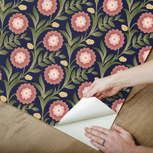 Lillian Blue Floral Vine Peel & Stick Wallpaper with Farmhouse Floral Pattern - York PSW1580RL
