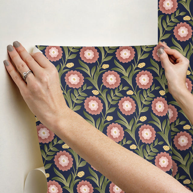 Lillian Blue Floral Vine Peel & Stick Wallpaper with Farmhouse Floral Pattern - York PSW1580RL