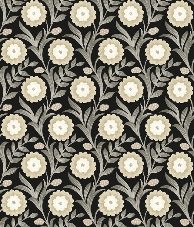 Lillian Black Floral Vine Peel & Stick Wallpaper with Farmhouse Floral Pattern - York PSW1581RL