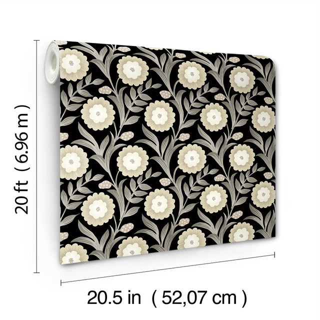 Lillian Black Floral Vine Peel & Stick Wallpaper with Farmhouse Floral Pattern - York PSW1581RL