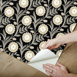 Lillian Black Floral Vine Peel & Stick Wallpaper with Farmhouse Floral Pattern - York PSW1581RL