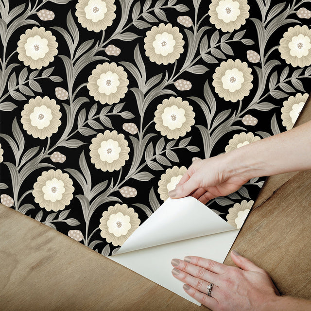 Lillian Black Floral Vine Peel & Stick Wallpaper with Farmhouse Floral Pattern - York PSW1581RL