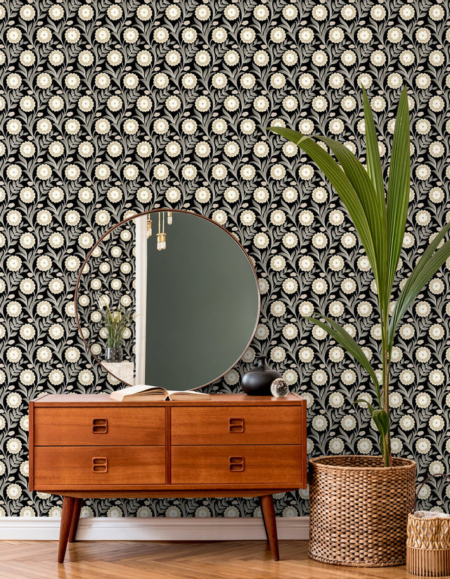 Lillian Black Floral Vine Peel & Stick Wallpaper with Farmhouse Floral Pattern - York PSW1581RL