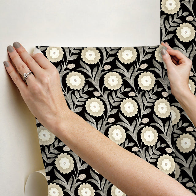 Lillian Black Floral Vine Peel & Stick Wallpaper with Farmhouse Floral Pattern - York PSW1581RL