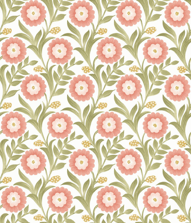 Lillian Pink Floral Vine Peel & Stick Wallpaper with Farmhouse Floral Pattern - York PSW1582RL