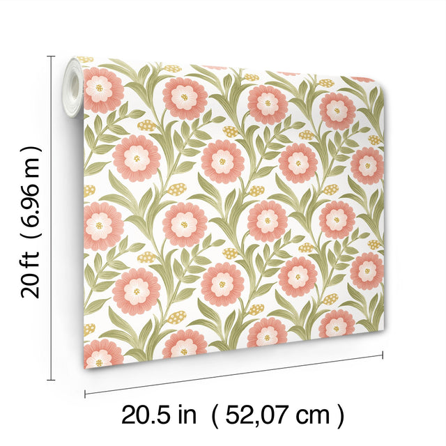 Lillian Pink Floral Vine Peel & Stick Wallpaper with Farmhouse Floral Pattern - York PSW1582RL