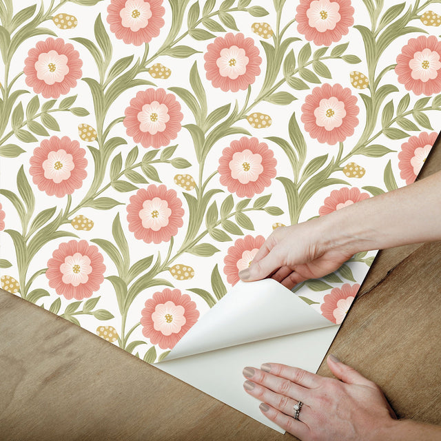 Lillian Pink Floral Vine Peel & Stick Wallpaper with Farmhouse Floral Pattern - York PSW1582RL