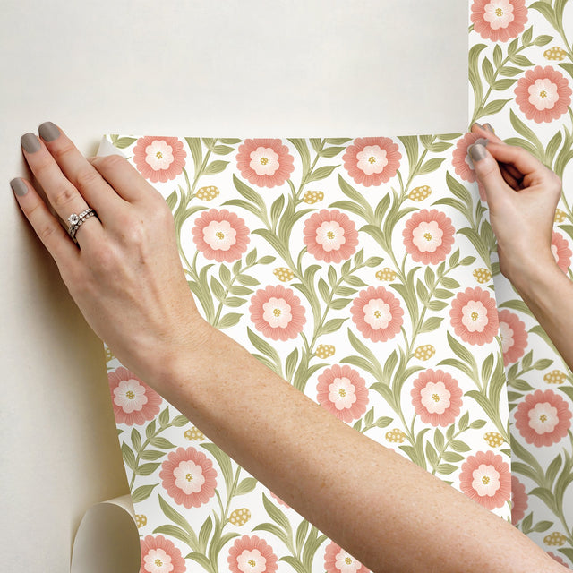 Lillian Pink Floral Vine Peel & Stick Wallpaper with Farmhouse Floral Pattern - York PSW1582RL