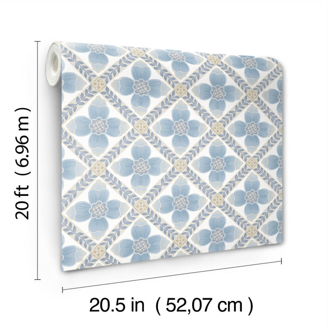 Mimi Blue Quilted Floral Peel & Stick Wallpaper with Farmhouse Style - York PSW1583RL