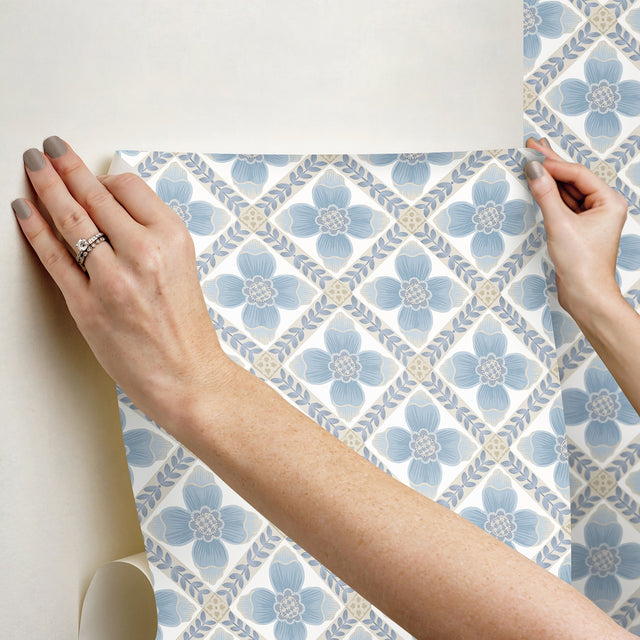 Mimi Blue Quilted Floral Peel & Stick Wallpaper with Farmhouse Style - York PSW1583RL