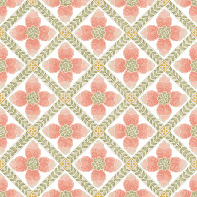 Mimi Coral Quilted Floral Peel & Stick Wallpaper with Farmhouse Floral Motif - York PSW1584RL