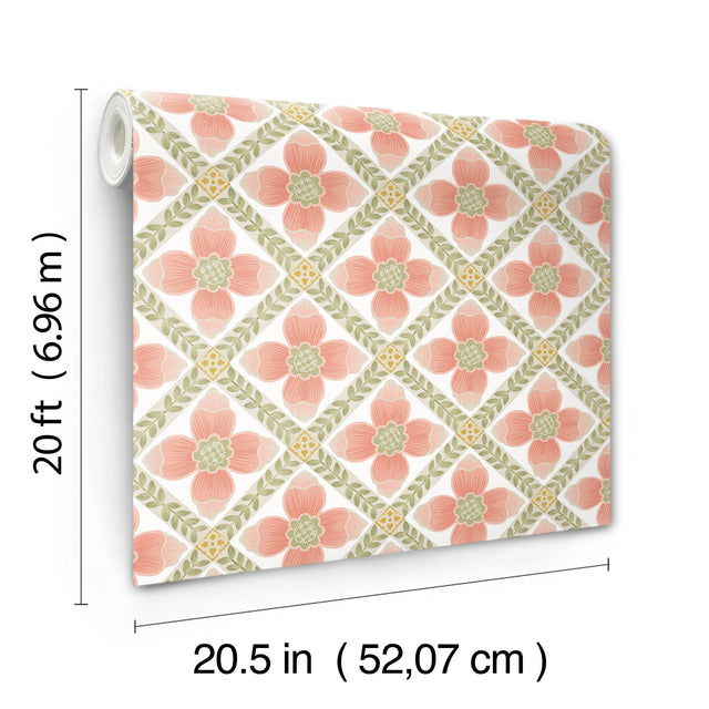 Mimi Coral Quilted Floral Peel & Stick Wallpaper with Farmhouse Floral Motif - York PSW1584RL