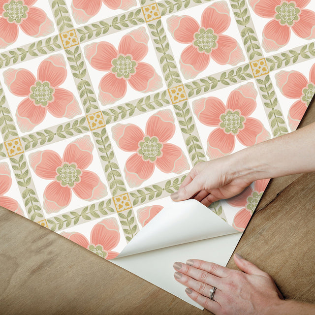 Mimi Coral Quilted Floral Peel & Stick Wallpaper with Farmhouse Floral Motif - York PSW1584RL