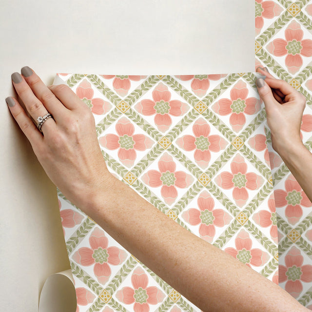 Mimi Coral Quilted Floral Peel & Stick Wallpaper with Farmhouse Floral Motif - York PSW1584RL