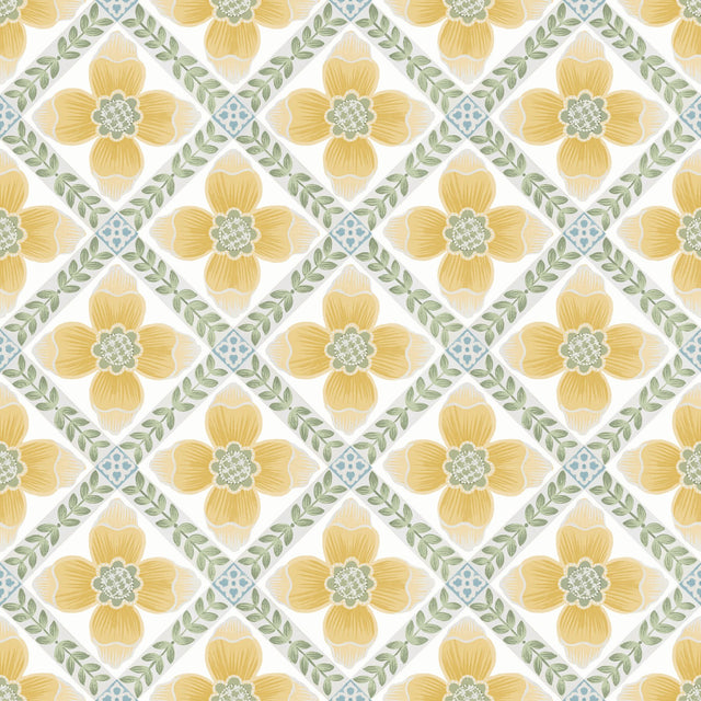 Mimi Yellow Quilted Floral Peel & Stick Wallpaper with Farmhouse Floral Pattern - York PSW1585RL