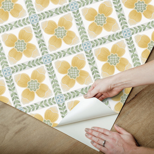 Mimi Yellow Quilted Floral Peel & Stick Wallpaper with Farmhouse Floral Pattern - York PSW1585RL