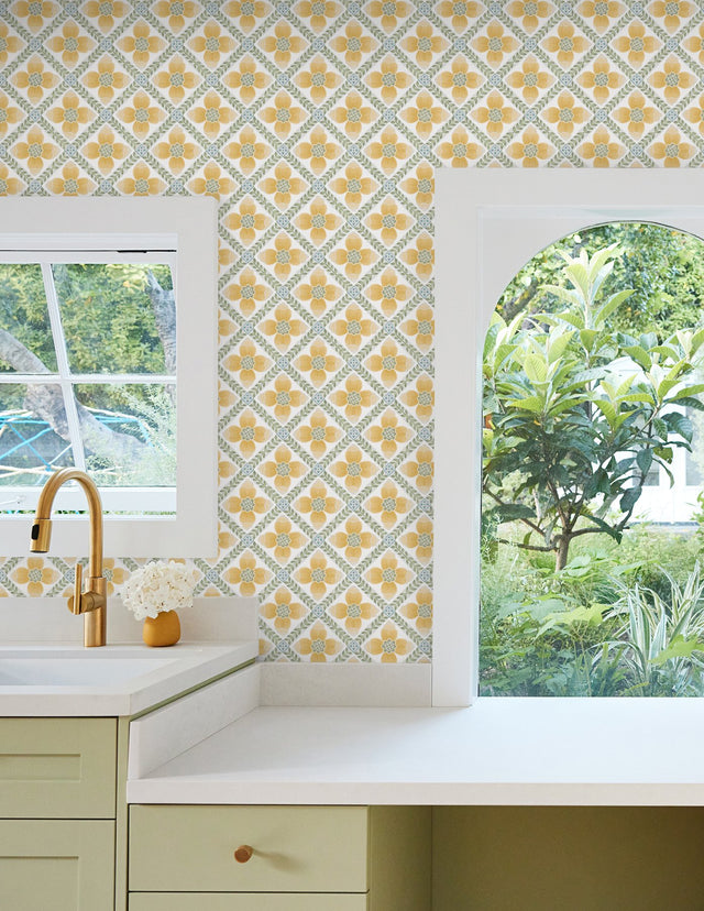 Mimi Yellow Quilted Floral Peel & Stick Wallpaper with Farmhouse Floral Pattern - York PSW1585RL