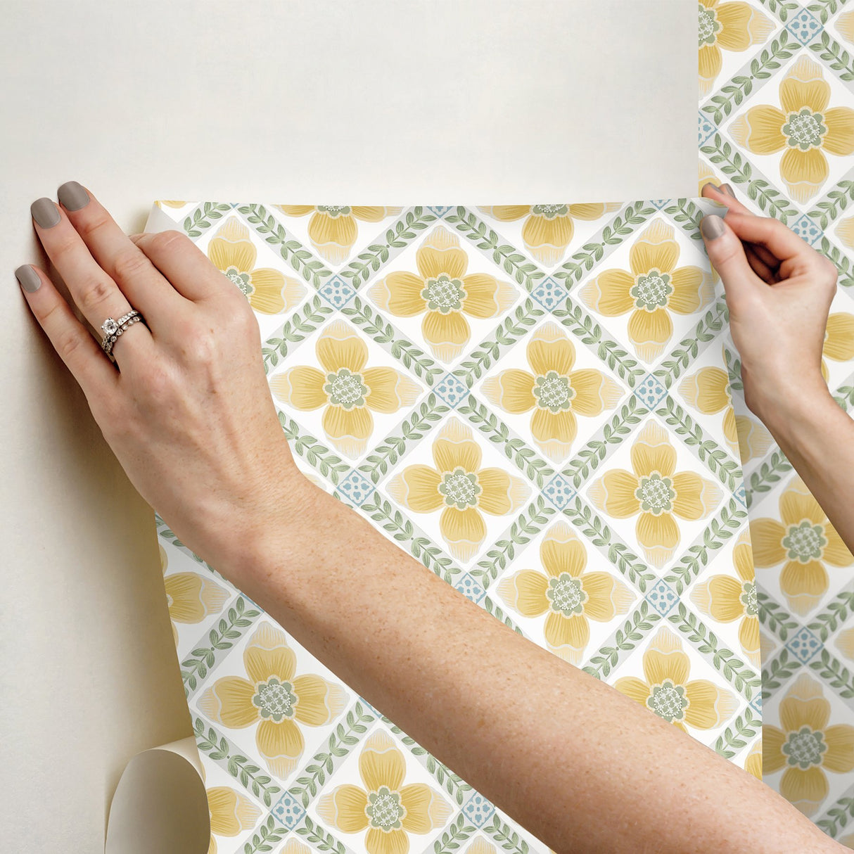 Mimi Yellow Quilted Floral Peel & Stick Wallpaper with Farmhouse Floral Pattern - York PSW1585RL