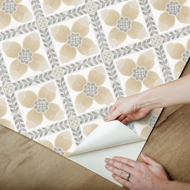 Mimi Neutral Quilted Floral Peel & Stick Wallpaper with Farmhouse Floral Motif - York PSW1586RL