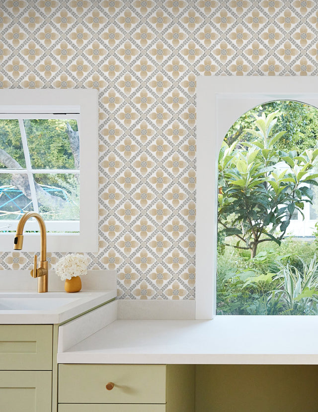 Mimi Neutral Quilted Floral Peel & Stick Wallpaper with Farmhouse Floral Motif - York PSW1586RL