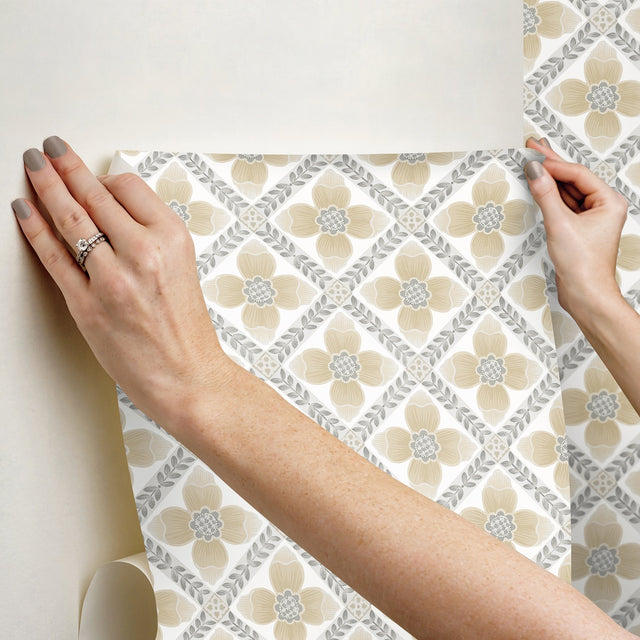 Mimi Neutral Quilted Floral Peel & Stick Wallpaper with Farmhouse Floral Motif - York PSW1586RL