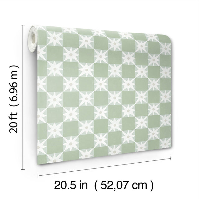 Stardust Green Checkerboard Peel & Stick Wallpaper with Bohemian Small Prints Pattern - York PSW1587RL