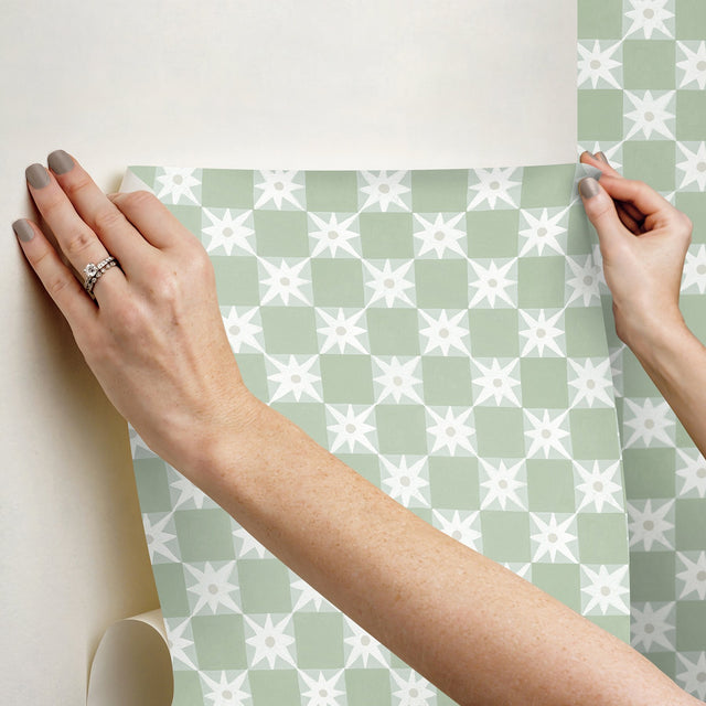 Stardust Green Checkerboard Peel & Stick Wallpaper with Bohemian Small Prints Pattern - York PSW1587RL