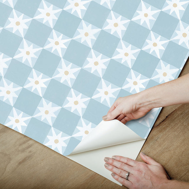 Stardust Blue Checkerboard Peel & Stick Wallpaper with Bohemian Small Prints Pattern - York PSW1588RL