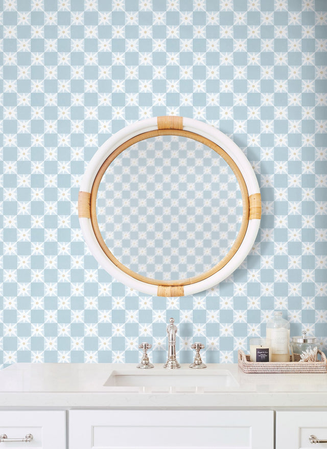 Stardust Blue Checkerboard Peel & Stick Wallpaper with Bohemian Small Prints Pattern - York PSW1588RL
