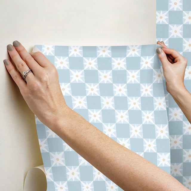 Stardust Blue Checkerboard Peel & Stick Wallpaper with Bohemian Small Prints Pattern - York PSW1588RL