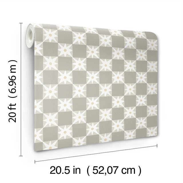 Stardust Warm Grey Checkerboard Peel & Stick Wallpaper with Hand-Painted Star Motif - York PSW1589RL
