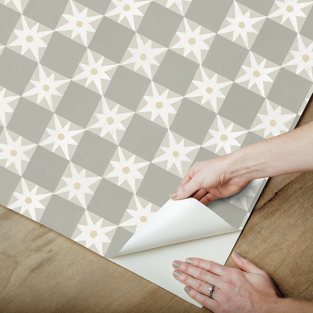 Stardust Warm Grey Checkerboard Peel & Stick Wallpaper with Hand-Painted Star Motif - York PSW1589RL